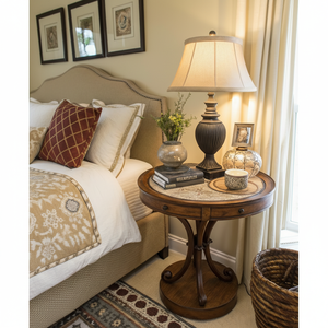 Mesita de noche clásica redonda de madera con base de pedestal. ¡Añade un estilo tradicional! Disponible a precios mayoristas - Product Image 1