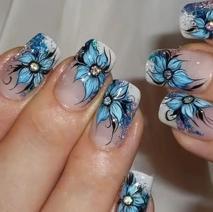 <span class=keywords><strong>Faux</strong></span> ongles carrés bleus à motif floral, en ABS, avec strass, style Ins, pour <span class=keywords><strong>pose</strong></span> avec colle - Product Image 5