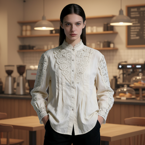 Blusa de Lino Beige Personalizada para Mujer con Ribete de Encaje de Crochet Hecho a Mano, Elegante Camisa de Manga Larga con Botones para Uso Diario y Oficina - Product Image 1