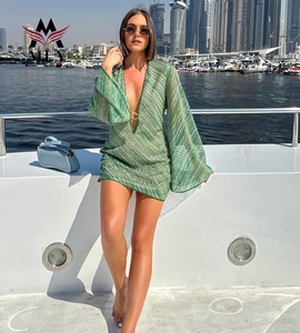 Couleur vive brillant col en v profond à manches longues femmes maillot de bain couverture Ups évider <span class=keywords><strong>robe</strong></span> de plage ample - Product Image 4