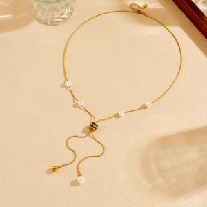 Gold Plated Stainless Steel Snake Chain Pearl Pendant Necklace Tassel Design Everyday Wear - Product Image 3