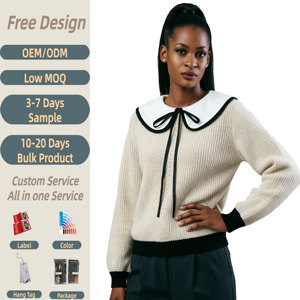 Maglione da Donna in <span class=keywords><strong>Maglia</strong></span> Waffle con <span class=keywords><strong>Colletto</strong></span> Peter Pan <span class=keywords><strong>Bianco</strong></span> a Contrasto e Fiocco Nero, Maniche Lunghe a Sbuffo, Pullover Lavorato a <span class=keywords><strong>Maglia</strong></span> Bicolore - Product Image 1