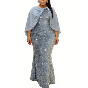 Vestido Largo de Lentejuelas para Mujer con Capa de Gasa, Vestido de Noche Formal con Broche de Perlas, a la Moda - Product Image 1