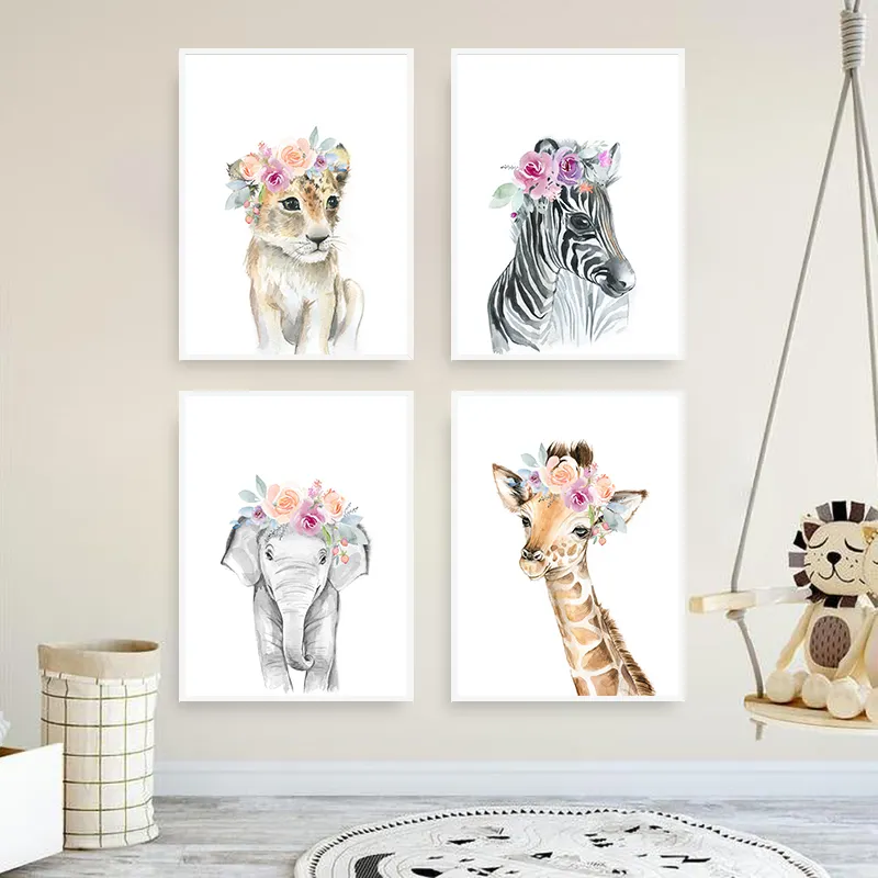 फूल पशु शेर ज़ेबरा हाथी जिराफ नर्सरी प्रिंट बच्चों बेबी बेडरूम सजावट दीवार चित्र बेबी कमरे की दीवार कला