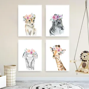 Çiçek hayvan aslan Zebra fil zürafa kreş baskı çocuklar bebek yatak odası dekoru duvar resimleri bebek odası duvar sanatı