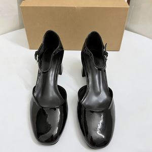 Women <b>Black</b> Patent Leather Mary Jane <b>Pumps</b> Elegant Block Mid Heel Shoes Retro Ankle Strap Dress Shoes Office Party - Product Image 3