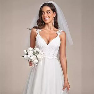 Wedding Dress A-Line V-Neck White Polyester Empire Waist Simple Straps Long Sleeve - Product Image 3
