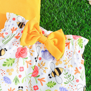 Vestito a due pezzi con fiocco carino per bambine Casual estate a maniche corte alla moda con motivo fiore ape 2 pz bambini - Product Image 5