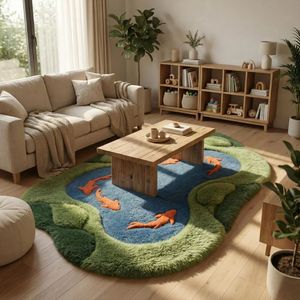 Tapis en laine tuftée texturée motif bassin de koïs et mousse irrégulière, avec détails de poissons bleus et oranges, pour Chambre, Salon, Chambre d'enfant, Enfants, Vente en gros - Product Image 4