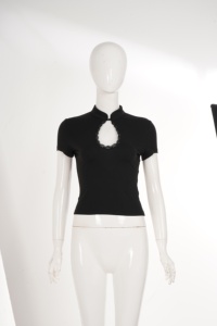 Women's Black Lace Trim <b>Mock</b> <b>Neck</b> <b>Top</b> Short Sleeve Keyhole Cutout Blouse Slim Fit Elegant Casual Tee - Product Image 6