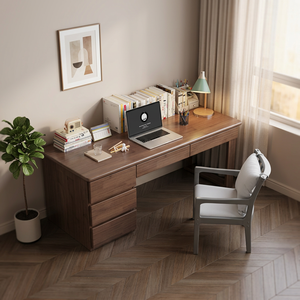 Wood Computer <b>Desk</b> with Drawers and Bookshelf Storage for Home Office Workspace Furniture Set - Product Image 1