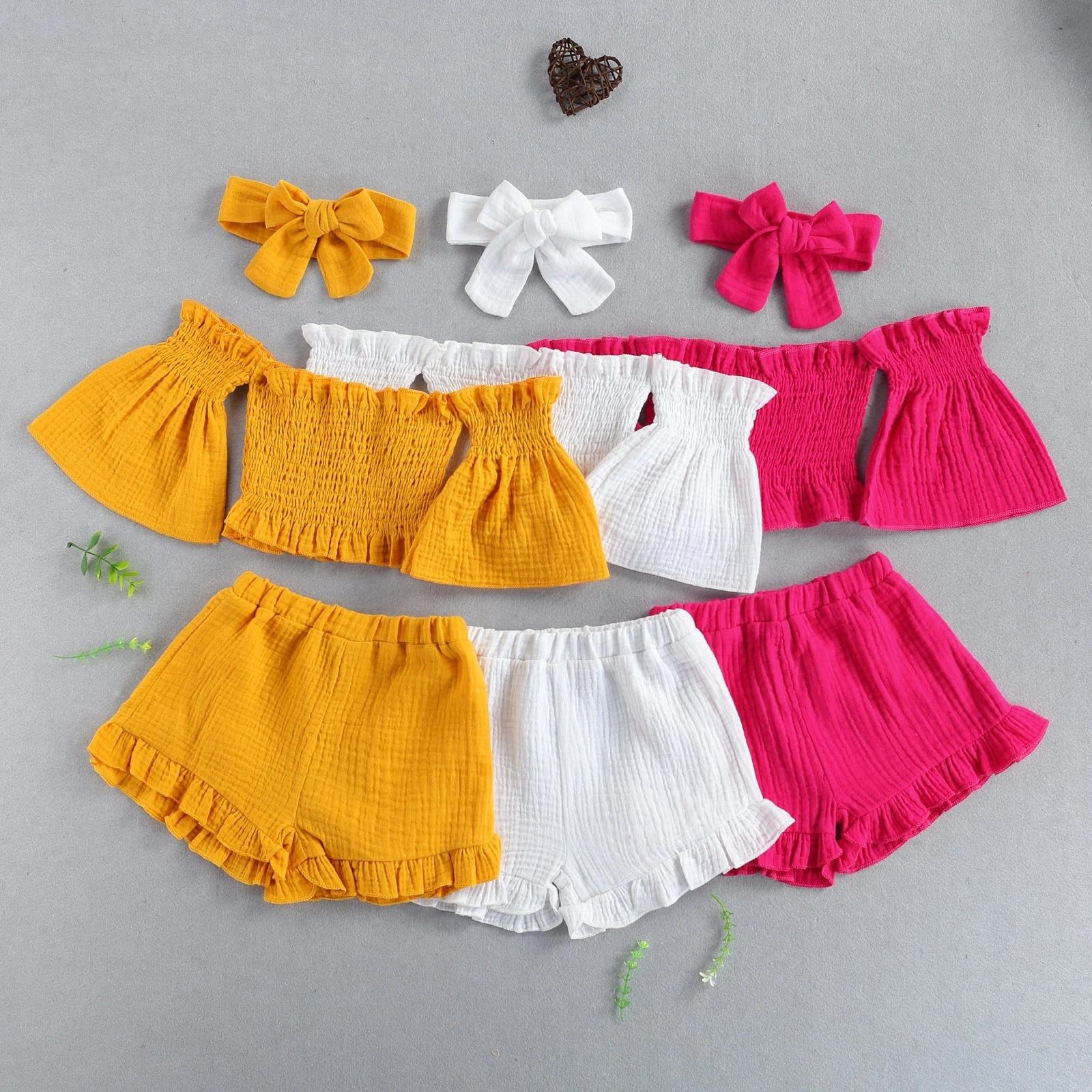 Summer Kids Baby Girl Outfits Fashion Solid Cotton 3PCS Off Shoulder Flare  Sleeves Crop Tops+Ruffle Shorts+Bow Headband 1-6Y