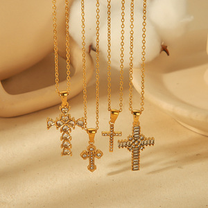 Collar con Colgante de Cruz, Chapado en Oro de 18K, Acero Inoxidable, Circonita Cúbica, Joyería Unisex para Uso Diario - Product Image 1