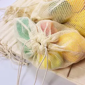 Reusable ECO Friendly Grocery Shopping Net Bags Drawstring Pouch Produce Organic Cotton Mesh Fruit Bag