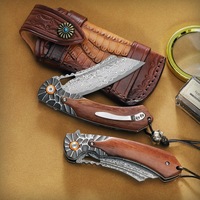 Couteau de poche Damas personnalisé avec manche en bois de rose, couteau tactique de chasse en plein air EDC avec étui en cuir italien sculpté à la main