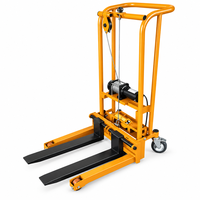 Chariot élévateur à palettes électrique compact avec fourches en acier noir, capacité de charge de 1 tonne, levage par câble métallique pour entrepôt intérieur/extérieur