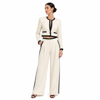 Ensemble veste sans col à bouton unique en lin mélangé 160GSM + pantalon large pour femme, style chic parisien, OEM XS-5XL