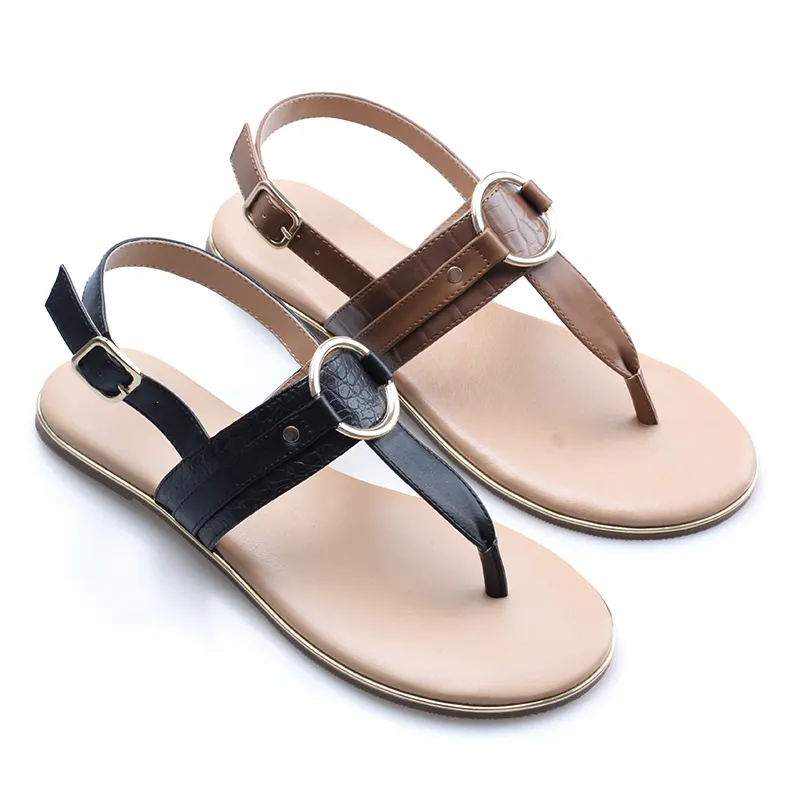 2022 The women fashion fancy slip on T strap soft insole buckle elastic flat sandal shoes