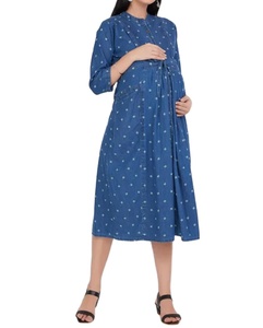 knee length dresses for ladies Blue Denim Side Pocket Overall Maternity Dress main image 0