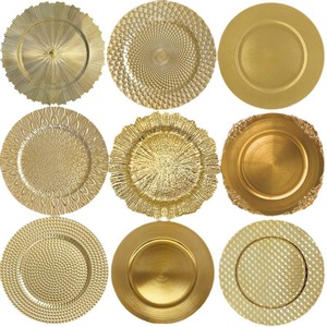 Assiettes <span class=keywords><strong>de</strong></span> présentation rondes en plastique doré gaufré <span class=keywords><strong>de</strong></span> 13 pouces pour mariage, couleur dorée - Product Image 1