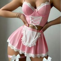 Ensemble de Costume de Soubrette Sexy pour Femme, Top Court à Lacets, Mini-Jupe, Tablier, Lingerie de Jeu de Rôle, Uniforme de Fête, Vente en Gros, Personnalisation OEM