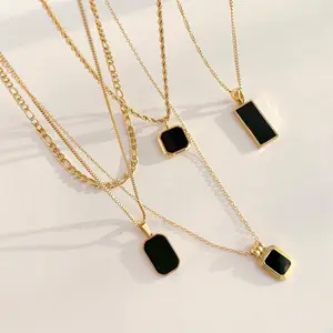 Mode Edelstahl 18 Karat vergoldet schwarz Onyx Stone Square Anhänger Halskette
