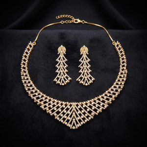 Luxury Gold Plated Brass Cubic Zirconia Jewelry Set Geometric CZ V Shape <b>Statement</b> <b>Necklace</b> Long Drop Earrings Set - Product Image 4