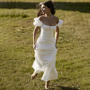Dış ticaret kadın yeni moda kare yaka ince geri beyaz uzun etek kabarcık kollu yaz fransız elbise