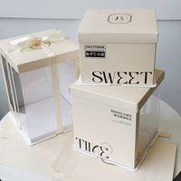 Boîte à gâteau en papier avec logo personnalisé, grande fenêtre transparente en PVC, boîte d'emballage portable pour pâtisserie d'anniversaire avec ruban en satin