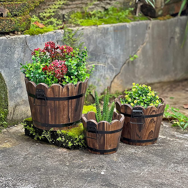 Rustic Wavy Wooden Bucket Barrel Planter Box for Indoor Plants & Succulents - View 2