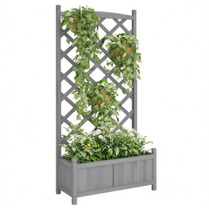 Jardinera de Madera de Abeto Gris con Enrejado Rectangular Pintado, Soporte para Plantas de Jardín D0100H5S65J - Product Image 1