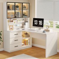 Bureau en L multifonctionnel en MDF crème avec tiroir perforé, bibliothèque intégrée pour la maison, la chambre, le bureau d'étudiant