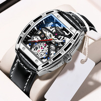 Montre creuse entièrement automatique en forme de baril pour hommes Montre lumineuse étanche avec bracelet en cuir Montre mécanique squelette de luxe
