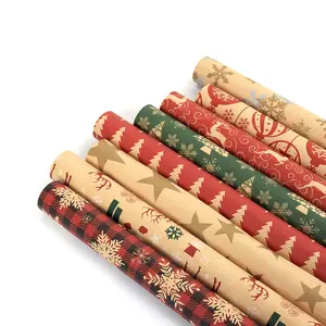 Classical Design 50*76cm Kraft Brown Christmas Gift Wrapping Paper with Xmas Element Pattern Printed