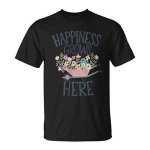 Le bonheur grandit ici - T-shirt avec motif floral rose et chariot de jardinage - Product Image 1