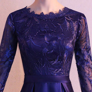 Women's Evening Gown Navy Blue Long Sleeve A-Line Satin Empire Waist High Neck Zipper Version Formal Banquet Wedding Dress - Product Image 4