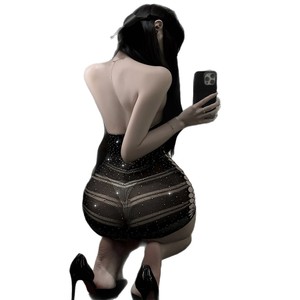 Body sexy en maille à col halter avec strass, dos nu, transparent et extensible, tenue de lingerie pour femme - Product Image 5