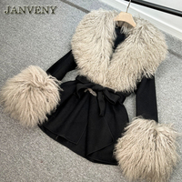 JANVENY Nouvelle Veste en Laine pour Femme avec Col et Poignets en Vraie Fourrure de Mouton de Mongolie, Manteau Trench en Cachemire Mi-Long Slim avec Ceinture pour l'Hiver