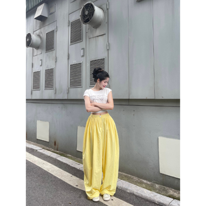 Pantalones Anchos de Verano para Mujer, Cintura Elástica con Cuentas y Encaje, Diseño Floral, Transpirables, Casuales, Estilo Urbano, Color Amarillo, Nuevo Diseño - Product Image 5