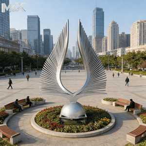 ประติมากรรมโลหะสแตนเลสขนาดใหญ่ รูปทรงวงกลมพร้อมปลา งานศิลปะกลางแจ้ง ประติมากรรมนามธรรม - Product Image 2