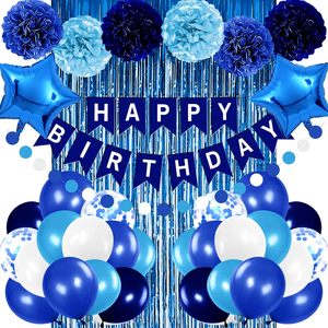 Decoraciones Azules para Fiestas de <span class=keywords><strong>Cumpleaños</strong></span> de Niños y Hombres, Pancarta de <span class=keywords><strong>Feliz</strong></span> <span class=keywords><strong>Cumpleaños</strong></span>, Globos, Pompones, Cortina de Papel Metálico, Decoraciones para Bebés - Product Image 1