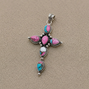 Pendentif Croix Turquoise Coton Sucré Tendance Chrétien Bohème du Sud-ouest Bijoux en Laiton Plaqué Argent - Product Image 1