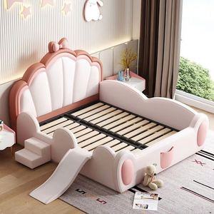 Cama Infantil con Tobogán de Castillo, Diseño de Lazo Rosa, Marco de Madera Maciza, Barandillas de Seguridad, Tamaño Completo, Moderna, para Niñas, Estilo Princesa - Product Image 2