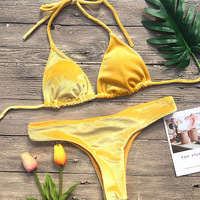 Nouveau maillot de bain taille haute en velours doré européen et américain couleur pure femme sens Triangle string fendu String Bikini