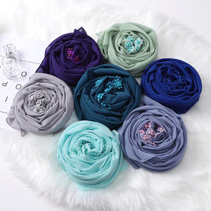 Hijab à fleurs personnalisé en mousseline de soie pour femmes écharpe avec broderie florale mode musulmane foulards Islam bandeau châle Ramadan voile - Product Image 3