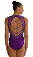 Justaucorps de gymnastique pour enfants à dos découpé orné de strass scintillants, 100 % nylon, violet, tenue d'entraînement