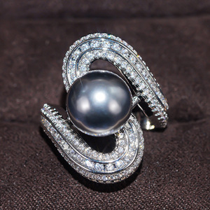 T0905 Black <b>Pearl</b> Cocktail <b>Ring</b> 925 Silver AAA Round Shape Channel Setting Women's Party Jewelry - Product Image 1