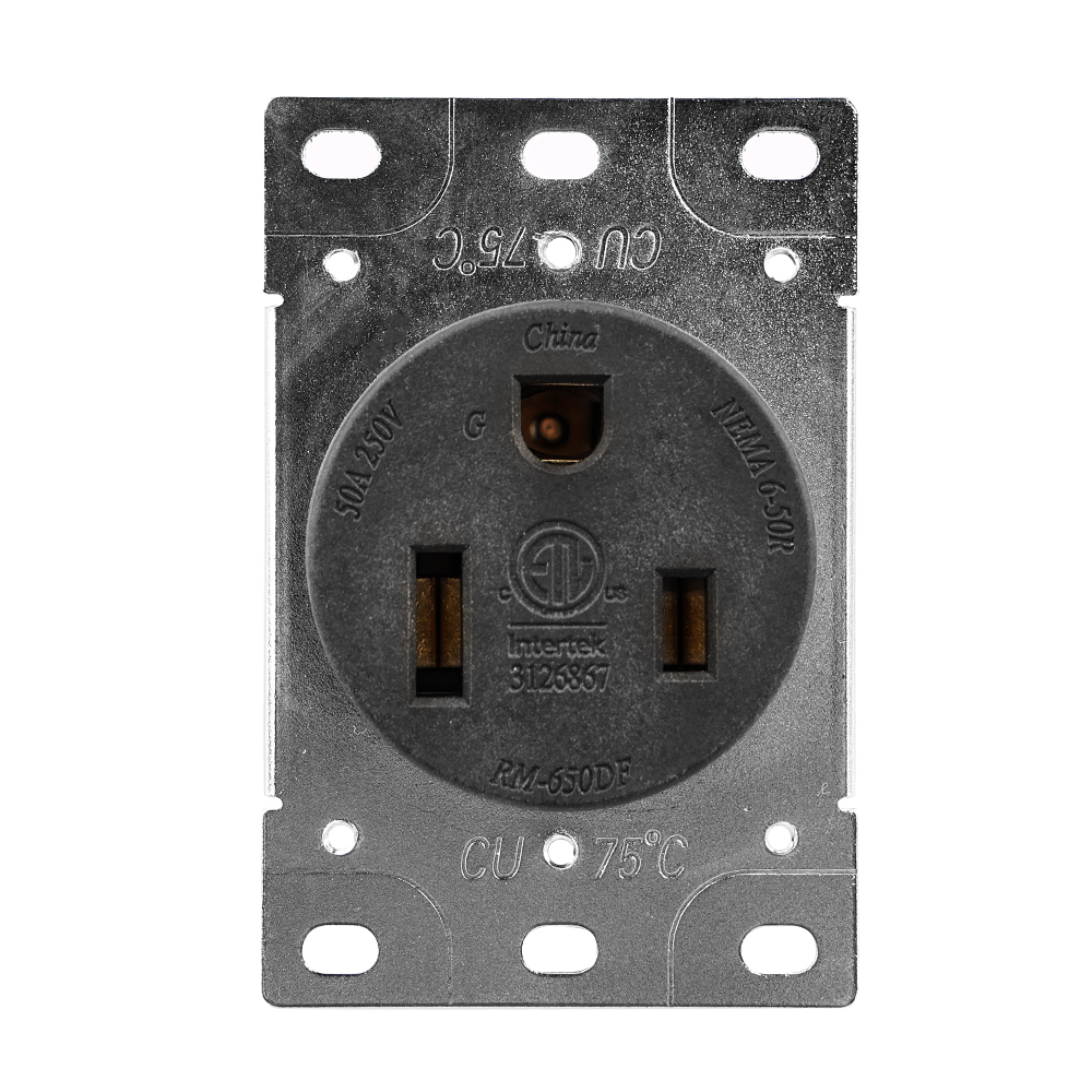 CR-216 50 Amp, 250 Volt, Flush Mounting Receptacle, Straight Blade, Industrial Grade, Grounding, Black color