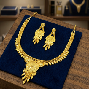 Conjunto de Collar y Pendientes de Latón Chapado en Oro de 14K, 18K, 24K con Diseño Floral Tradicional para Boda de Mujer, Venta al por Mayor - Product Image 1