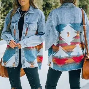 Женская джинсовая куртка в стиле ретро, Новый Винтажный джинсовый тренчкот с длинными рукавами, отложным воротником, жакет в ацтекском стиле